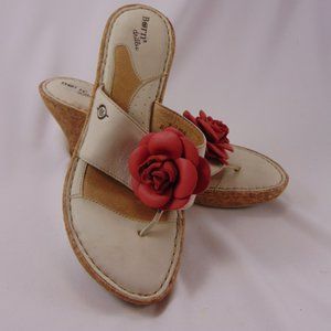Born Leather "drilles" Wedge Sandals with Red Leather Rose